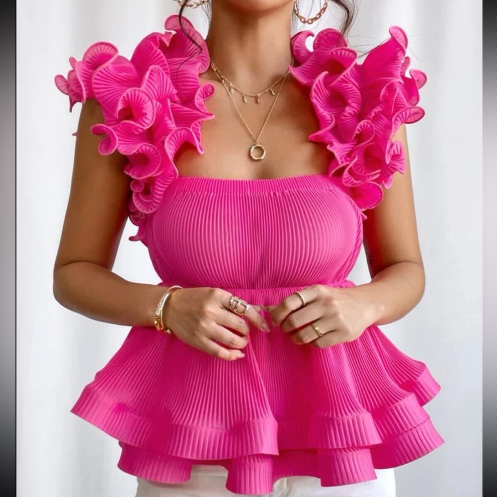 Hot Pink Ruffle Peplum Top Blouse Shirt - Picture 3 of 6
